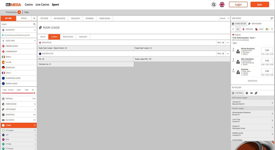  Rugby Betting on the MrMega website.